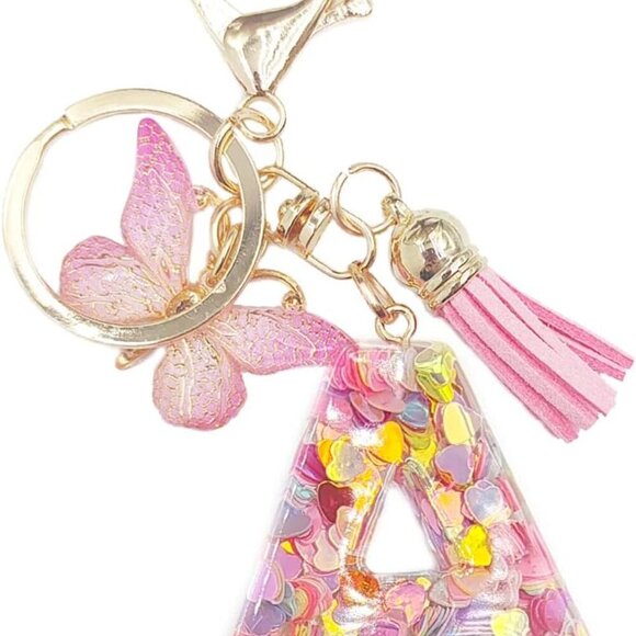 Accessories - Letter A-Z Keychain Pink Tassel Butterfly Key Ring for Women Backpack Handbags P